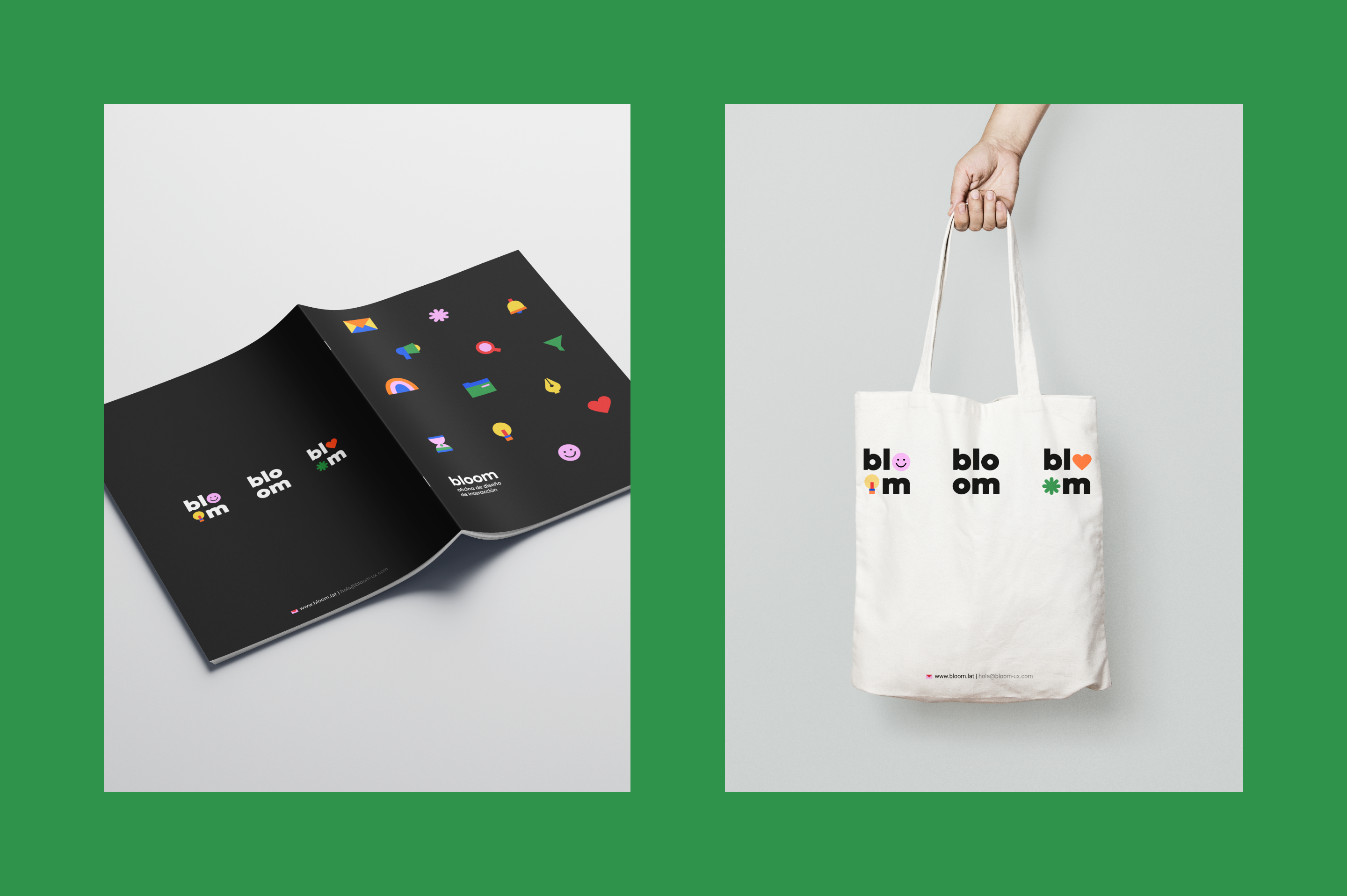 Brand usage prototypes. On the left, a notebook, and on the right, a tote bag.