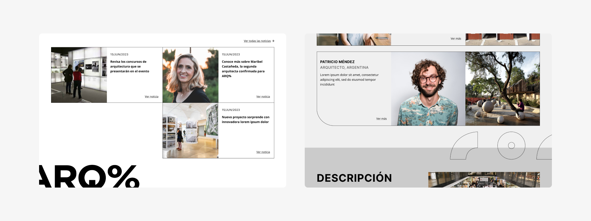 Extractos de interfaz que muestran cómo se ve la sección noticias y expositores