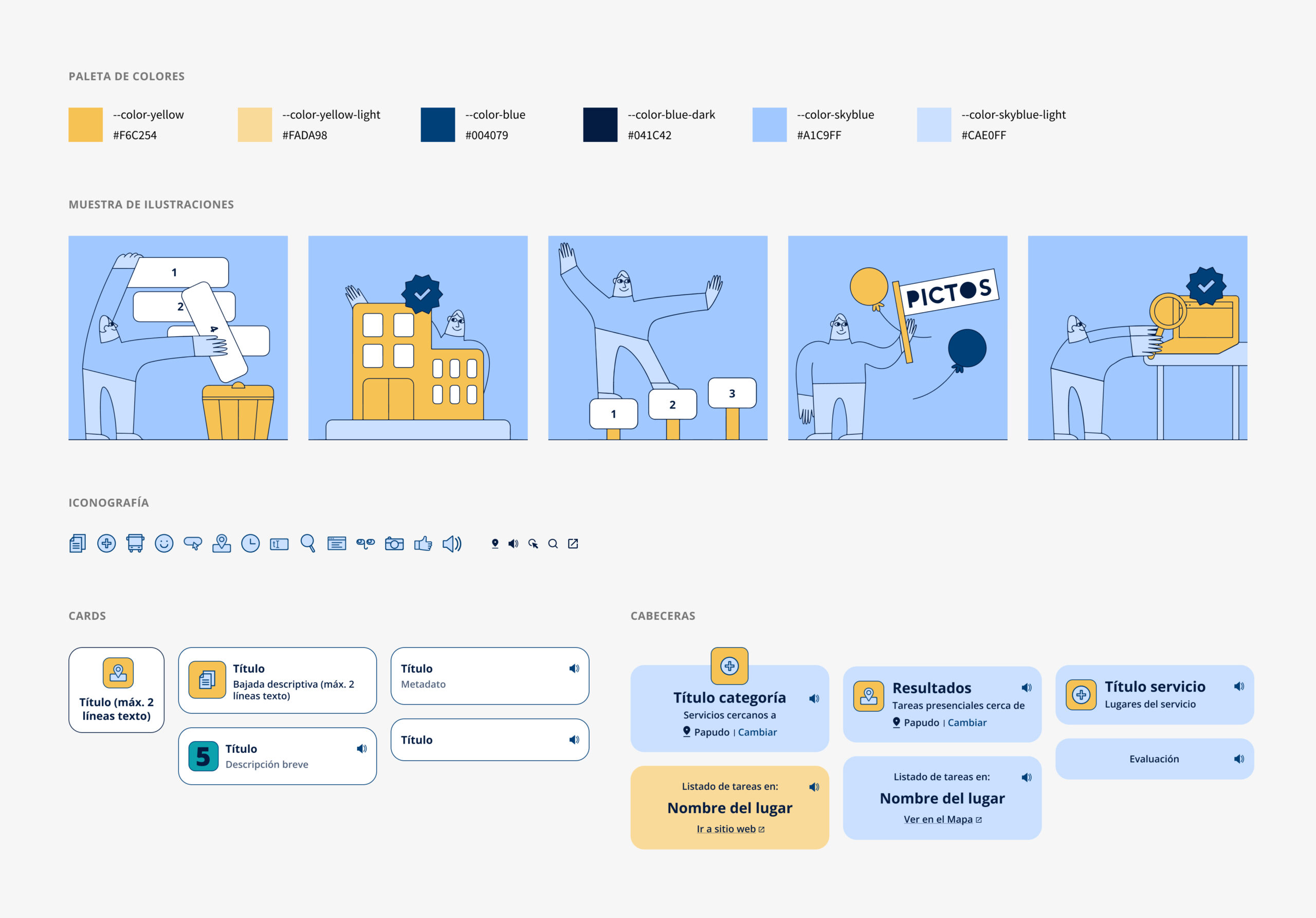 Extracto de la guía de estilos visuales de la app pictos. Muestra la paleta de colores, una muestra de ilustraciones, iconografía y componentes de cards y cabeceras.