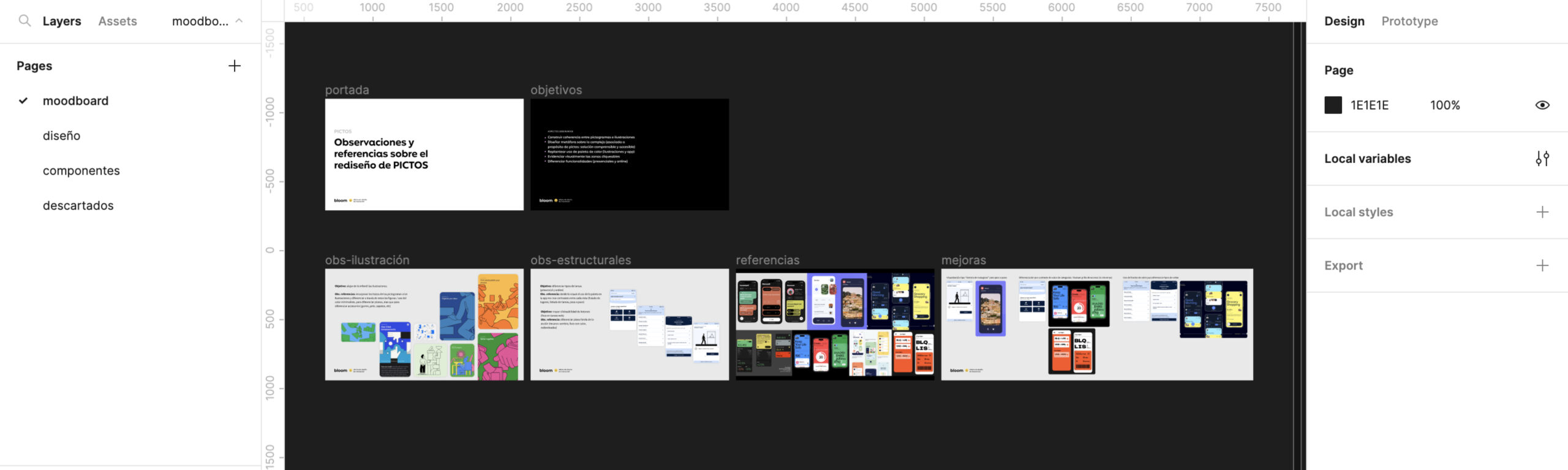 Captura de pantalla de un escritorio de figma, contiene un lienzo con diapositivas de una presentación de referentes gráficos y construcción de un moodboard para toma de decisiones. 